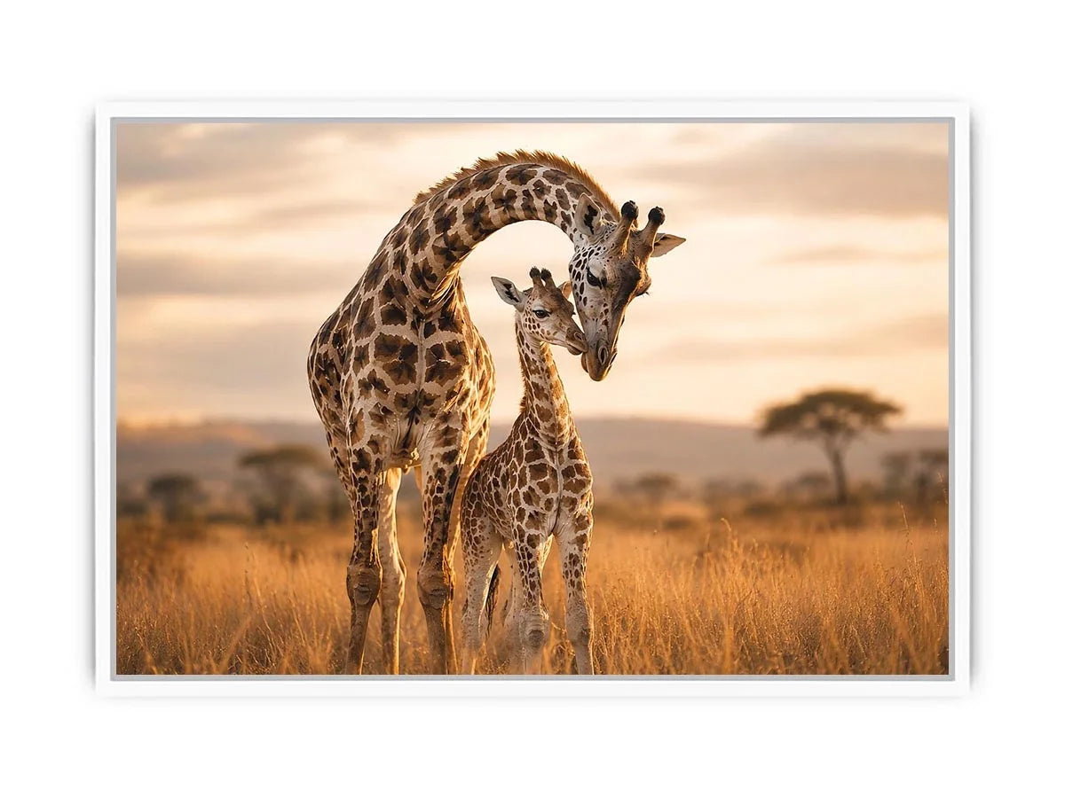 giraffe mother and calf canvas art for warm living room decor.