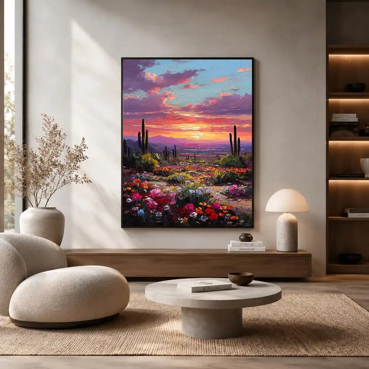 Vertical desert cactus sunset canvas art for colourful bedroom decor.