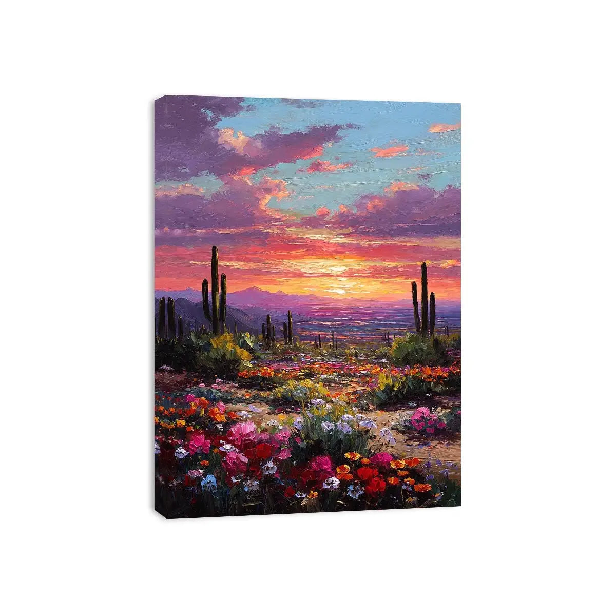 Vertical desert cactus sunset canvas art for colourful bedroom decor.
