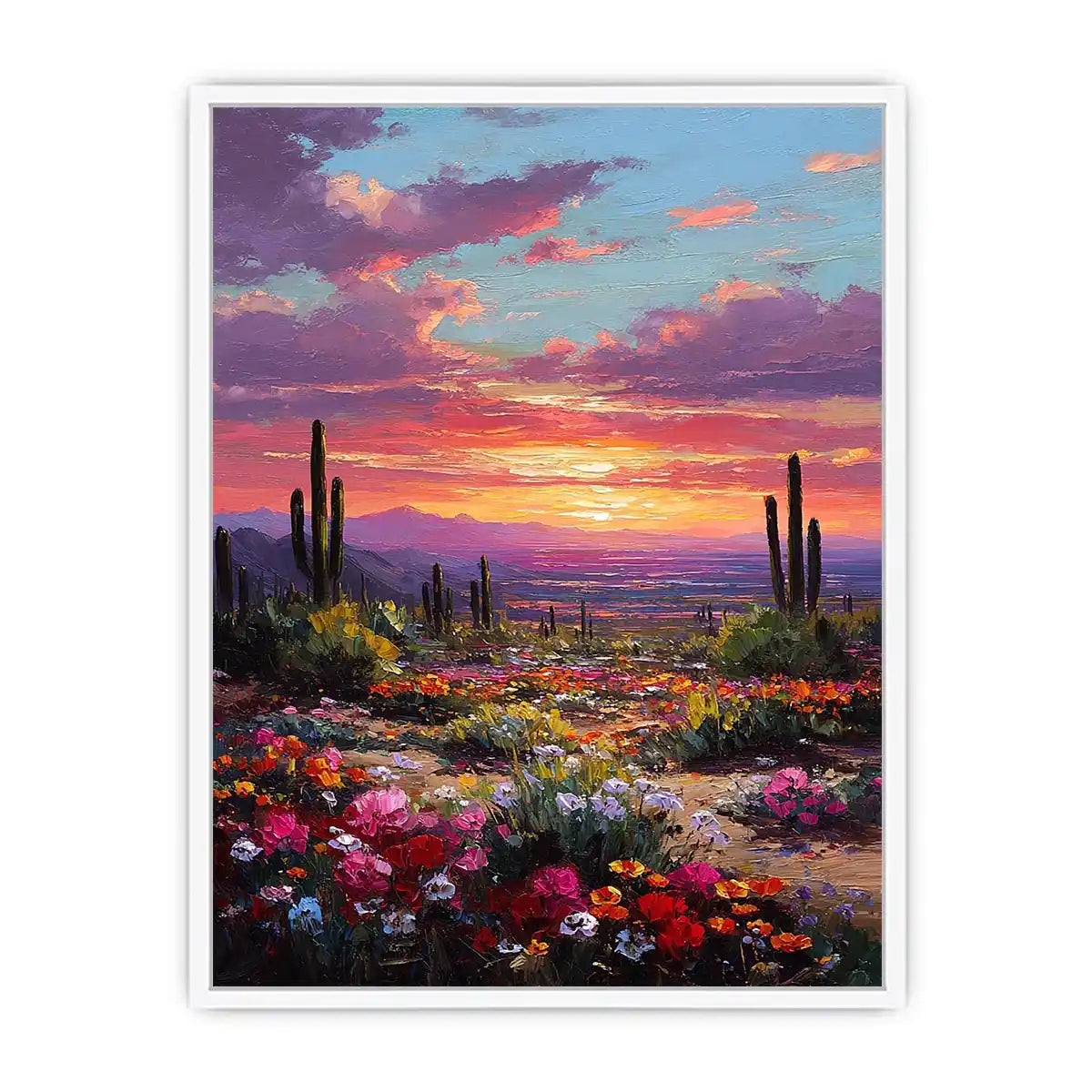 Vertical desert cactus sunset canvas art for colourful bedroom decor.