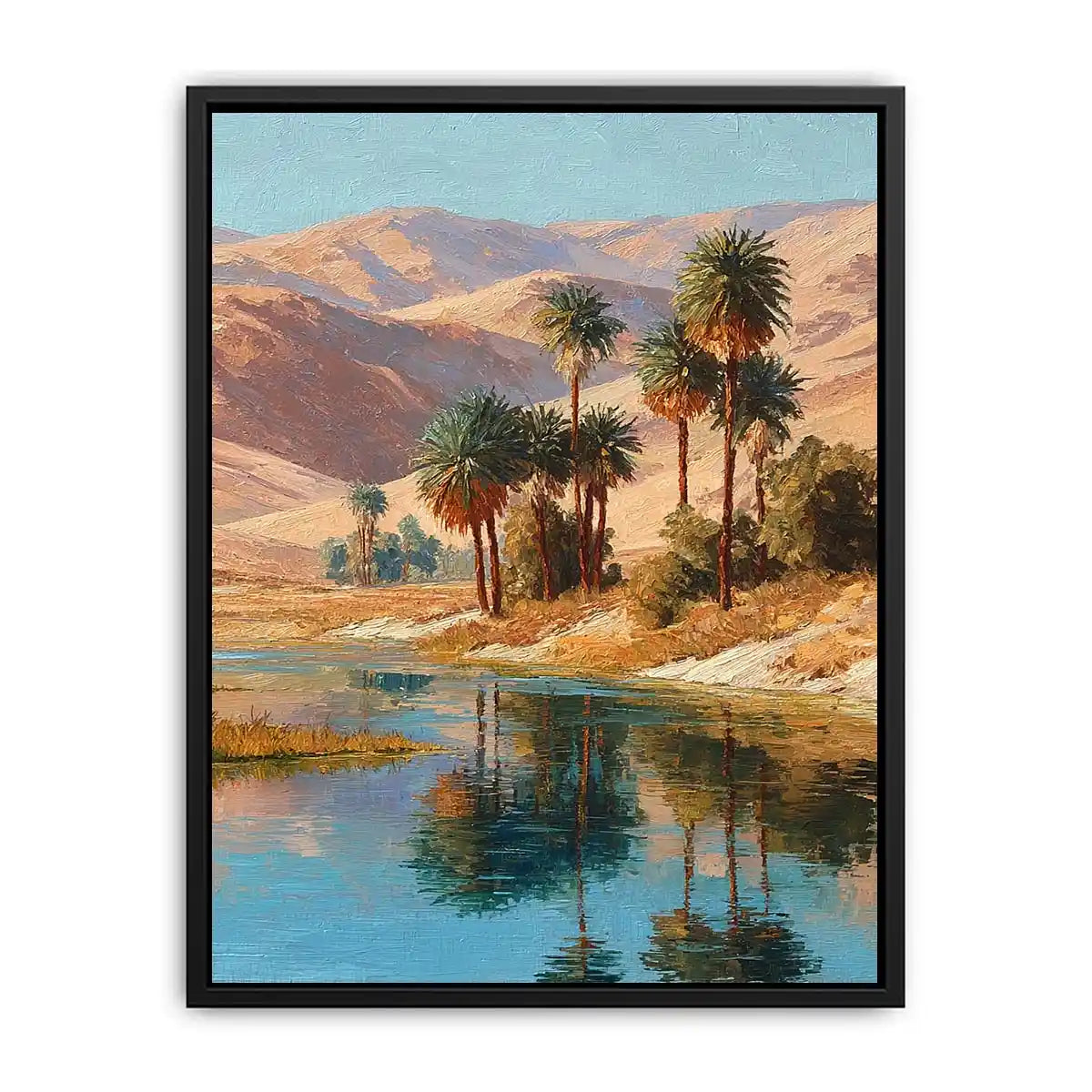 Oasis palm landscape canvas art for serene living room decor.