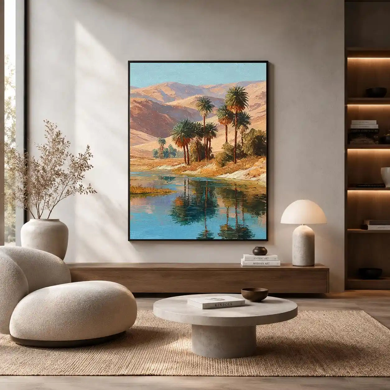 Oasis palm landscape canvas art for serene living room decor.