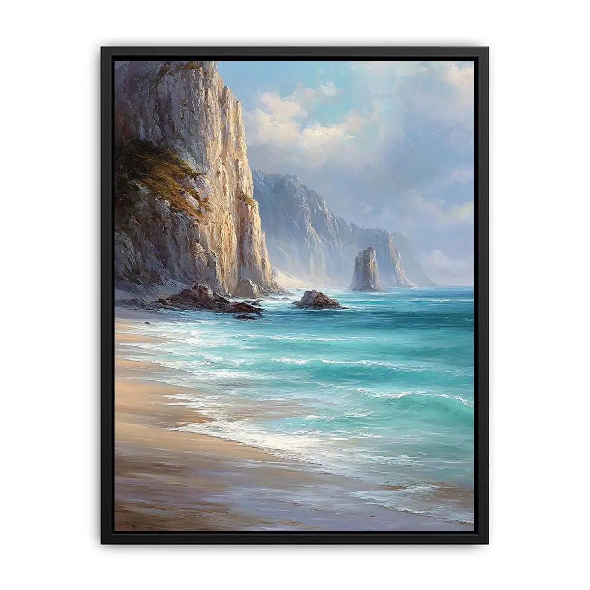 Coastal cliff ocean canvas art for serene beach house decor.
