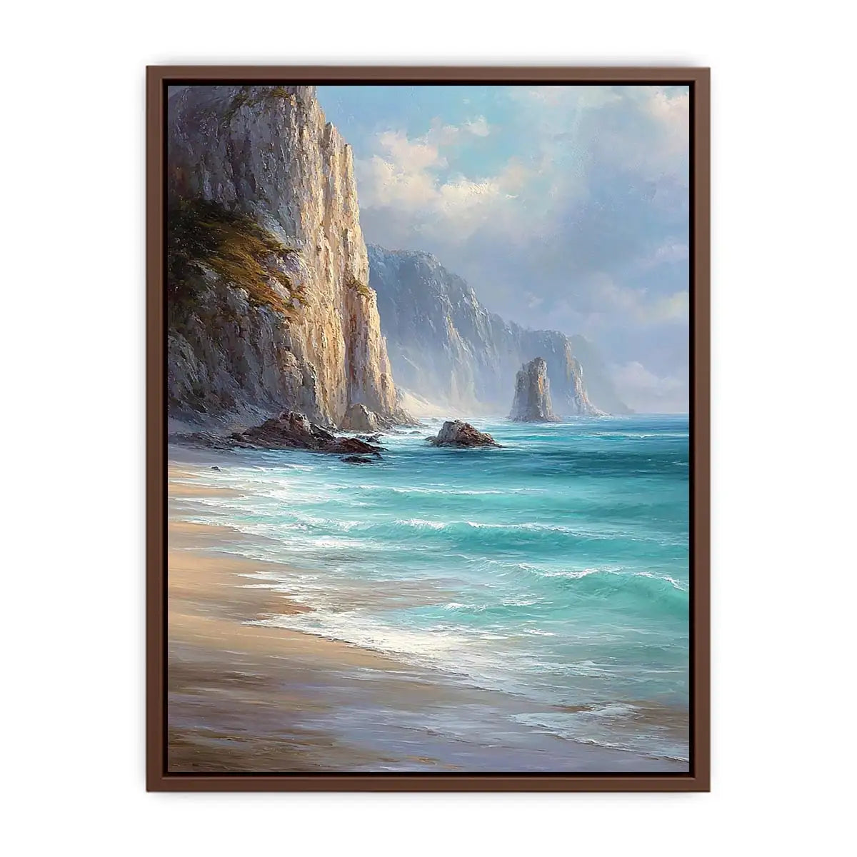 Coastal cliff ocean canvas art for serene beach house decor.