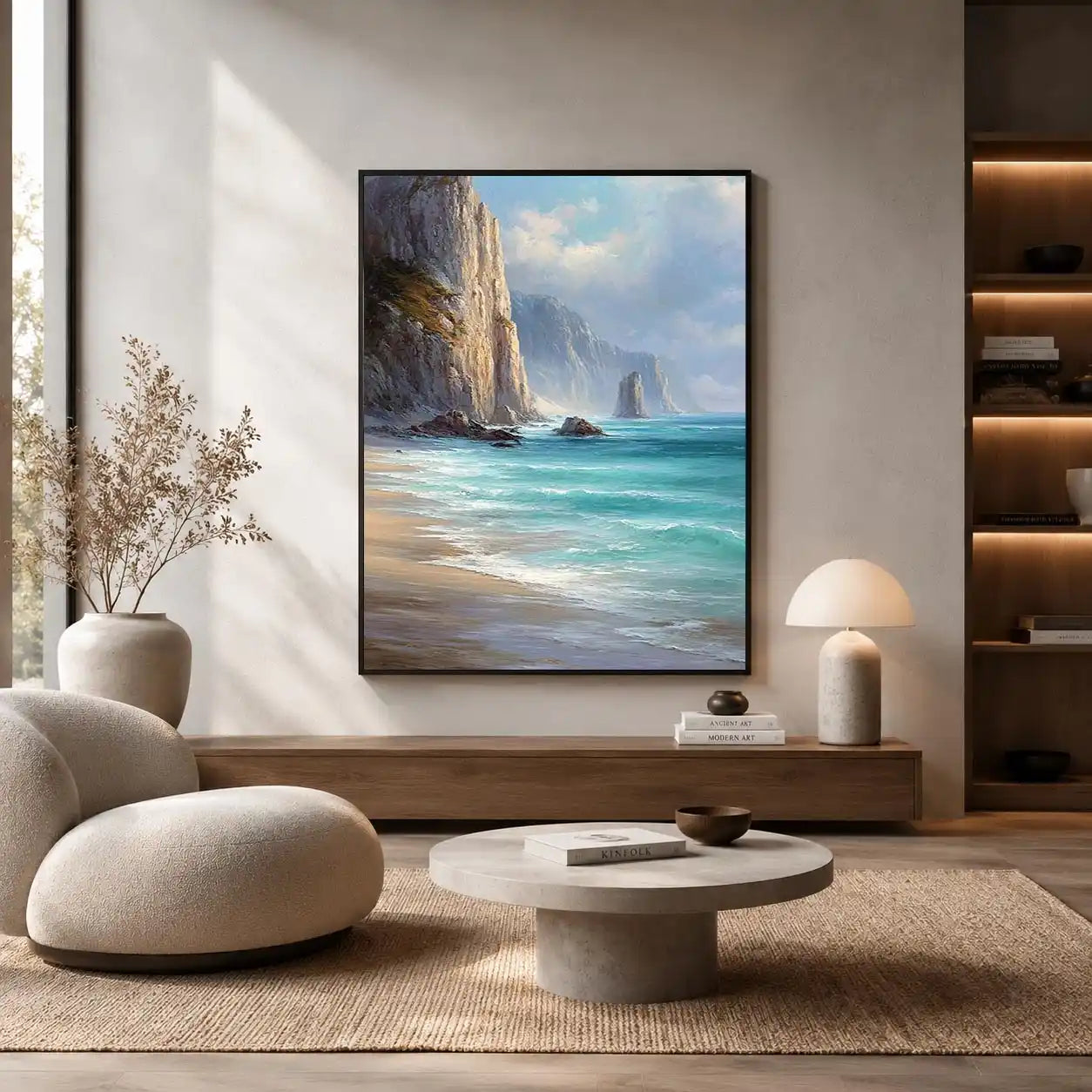 Coastal cliff ocean canvas art for serene beach house decor.