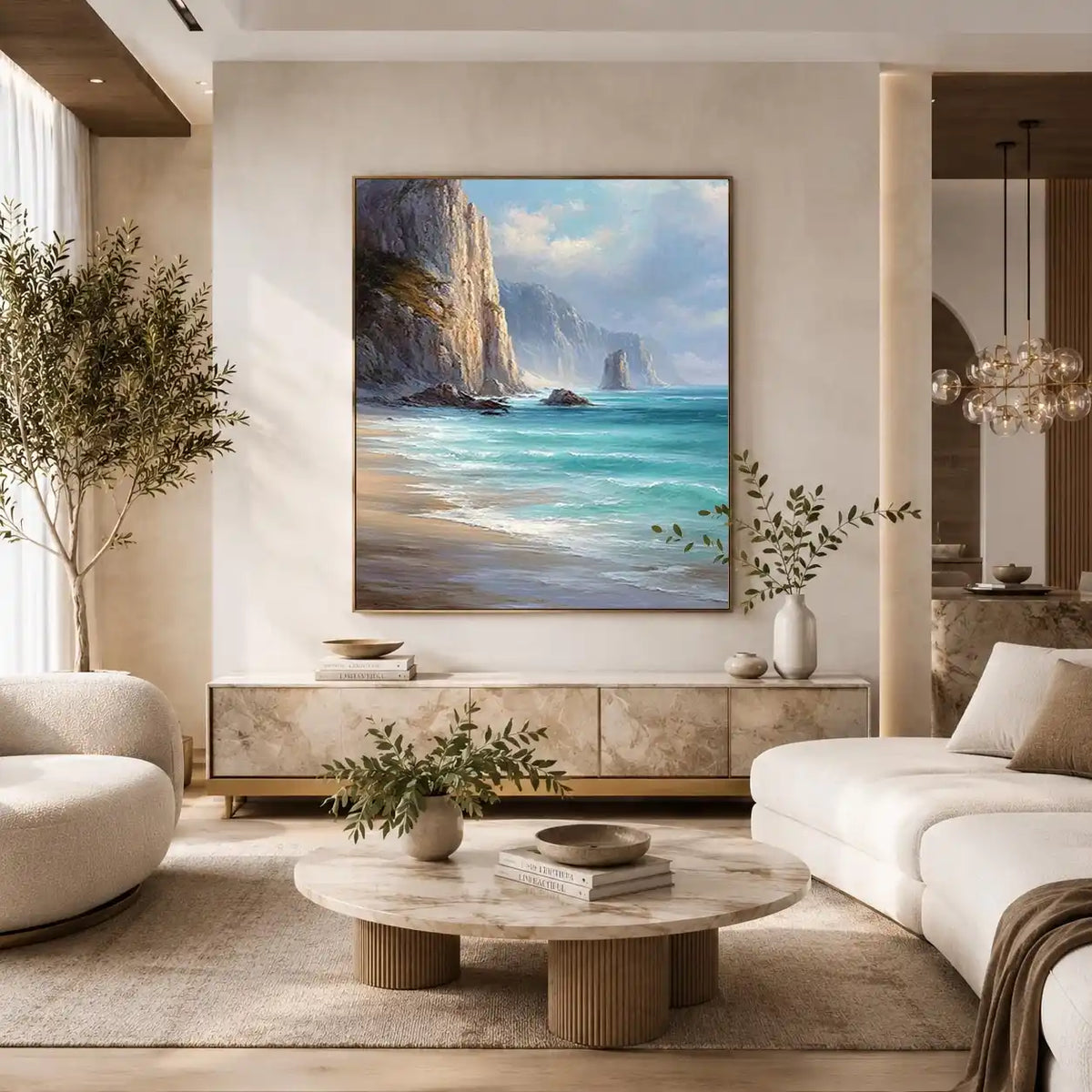 Coastal cliff ocean canvas art for serene beach house decor.