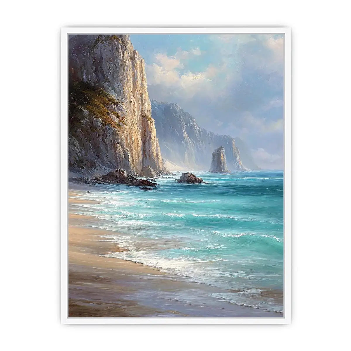 Coastal cliff ocean canvas art for serene beach house decor.