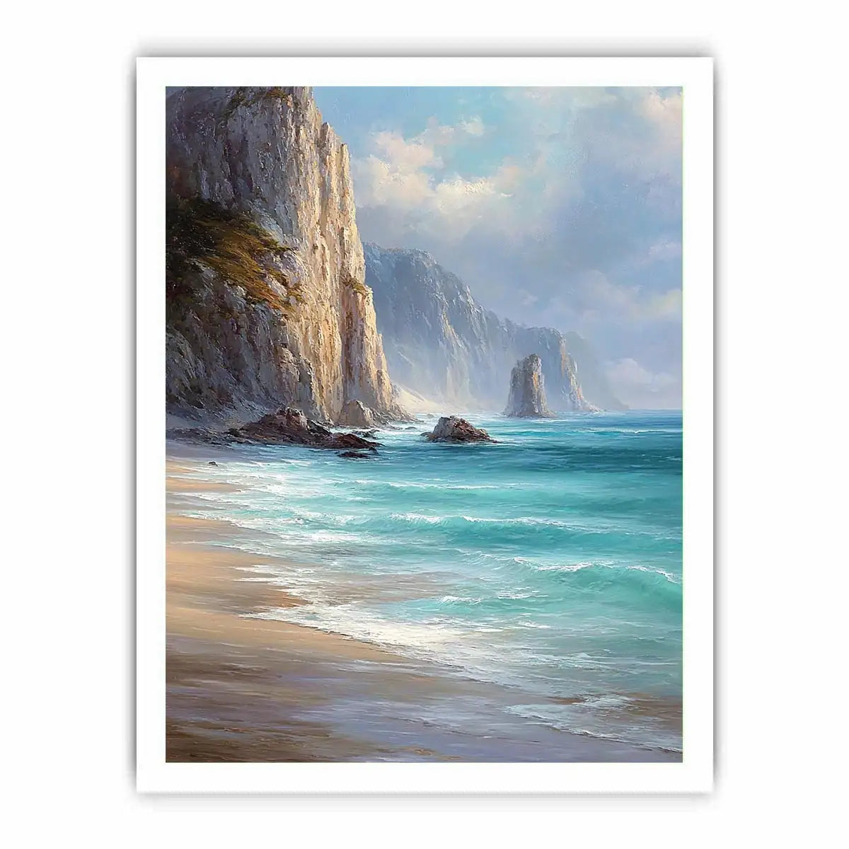 Coastal cliff ocean canvas art for serene beach house decor.