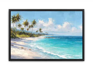 Tropical beach canvas art with palm trees and turquoise ocean for coastal living room decor.