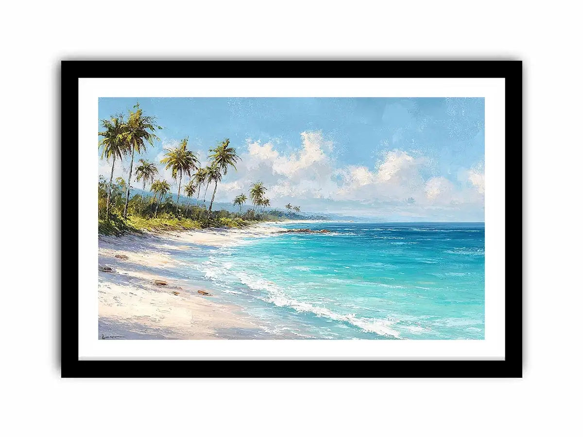 Tropical beach canvas art with palm trees and turquoise ocean for coastal living room decor.