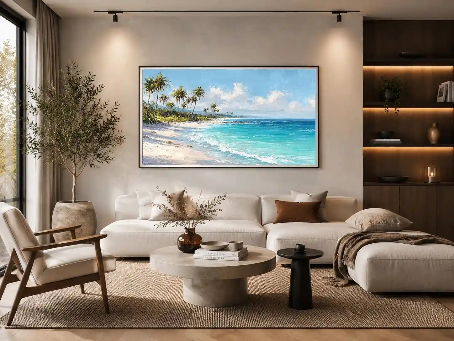 Tropical beach canvas art with palm trees and turquoise ocean for coastal living room decor.