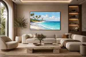 Tropical beach canvas art with palm trees and turquoise ocean for coastal living room decor.