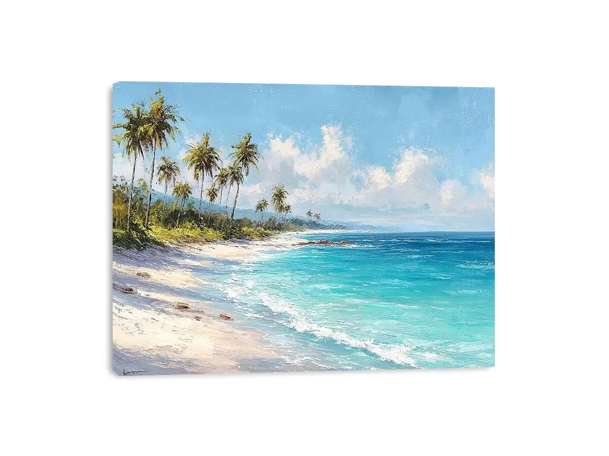 Tropical beach canvas art with palm trees and turquoise ocean for coastal living room decor.