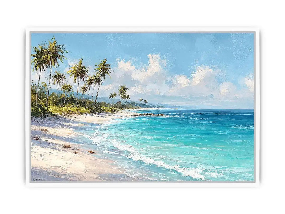 Tropical beach canvas art with palm trees and turquoise ocean for coastal living room decor.