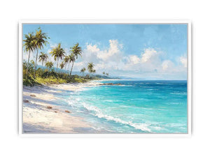 Tropical beach canvas art with palm trees and turquoise ocean for coastal living room decor.