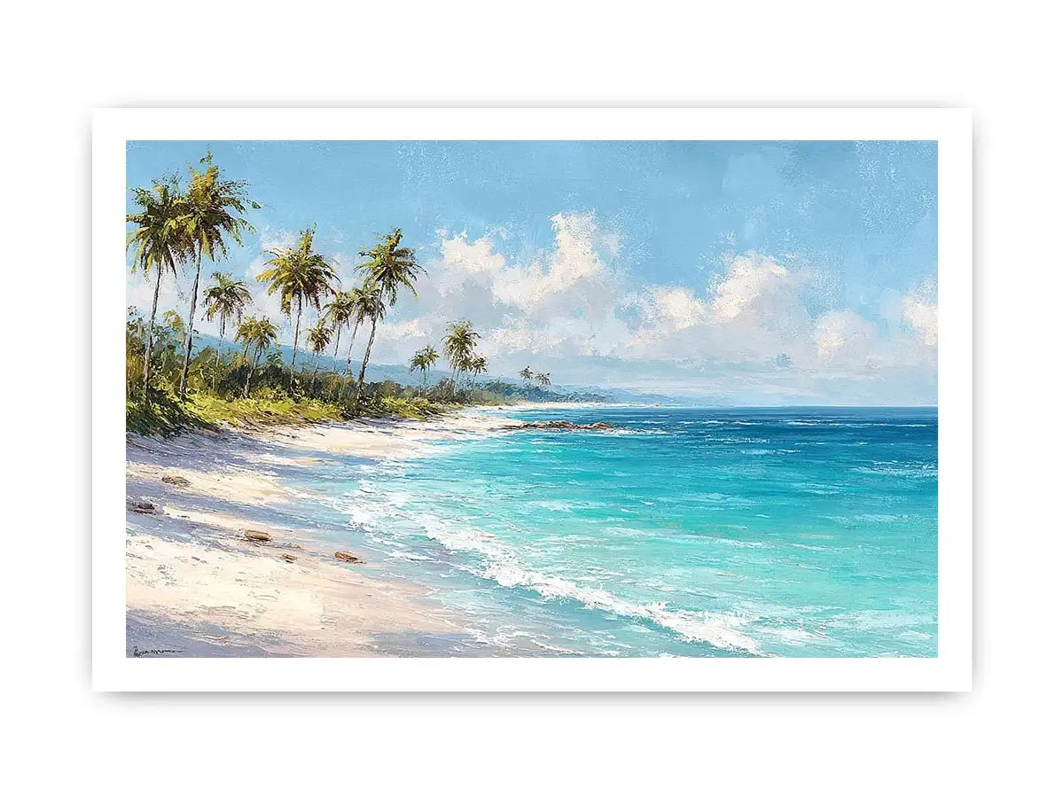 Tropical beach canvas art with palm trees and turquoise ocean for coastal living room decor.
