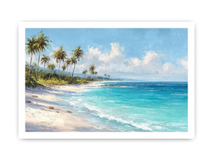 Tropical beach canvas art with palm trees and turquoise ocean for coastal living room decor.