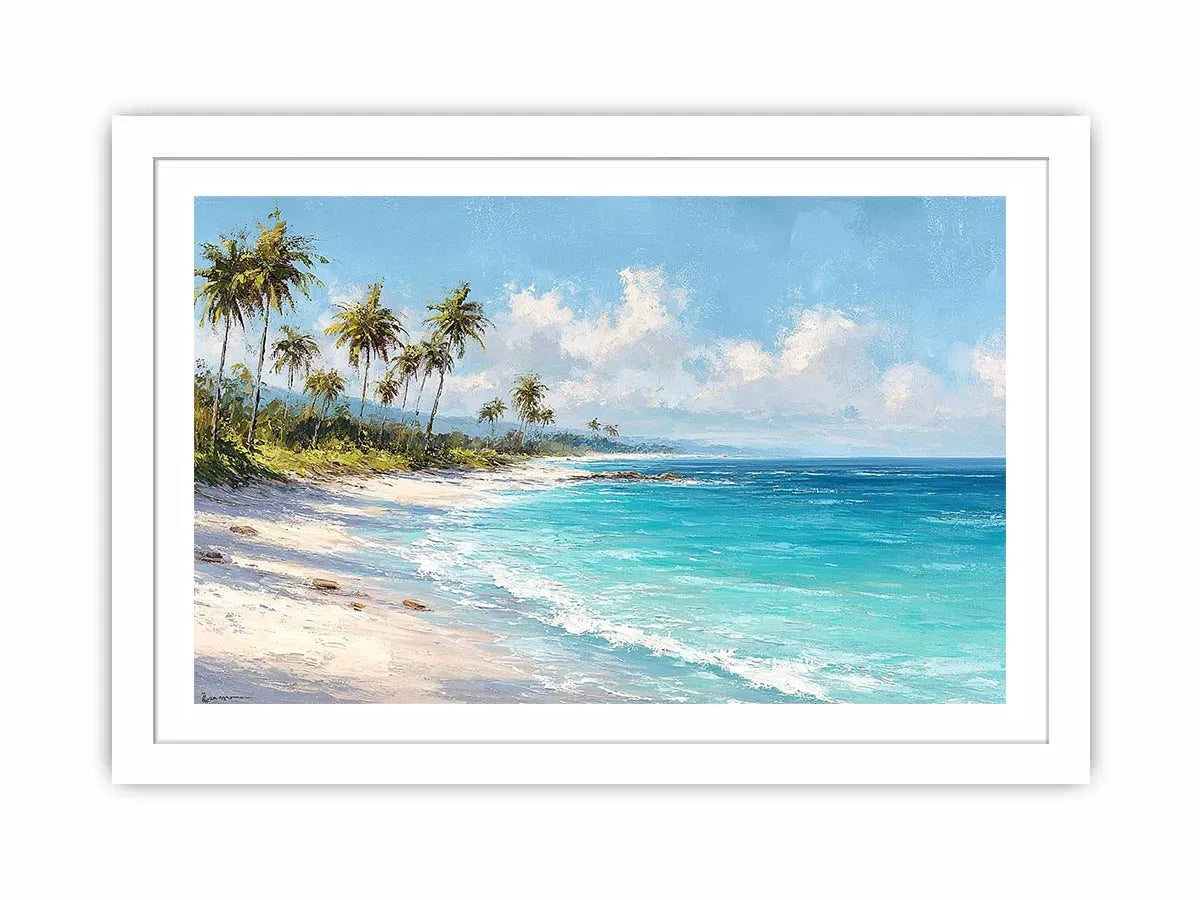 Tropical beach canvas art with palm trees and turquoise ocean for coastal living room decor.