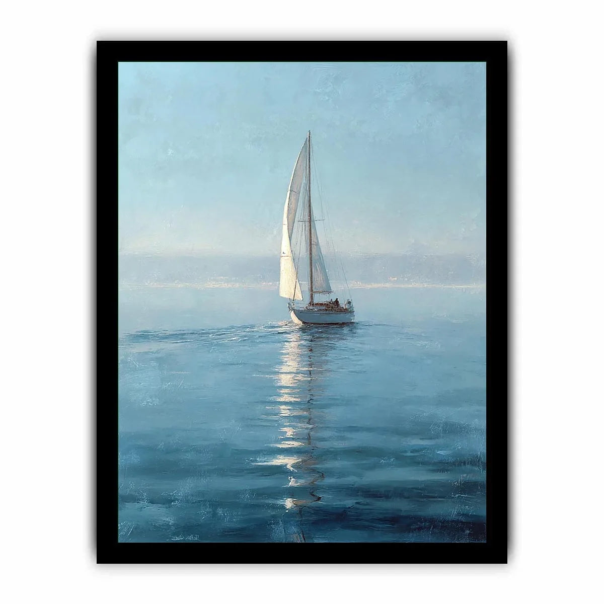 Misty blue sailboat canvas art in a refined coastal style for bedroom or office decor.