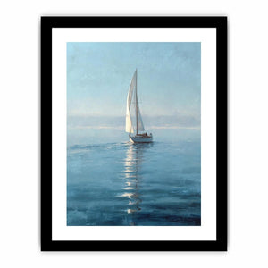 Misty blue sailboat canvas art in a refined coastal style for bedroom or office decor.