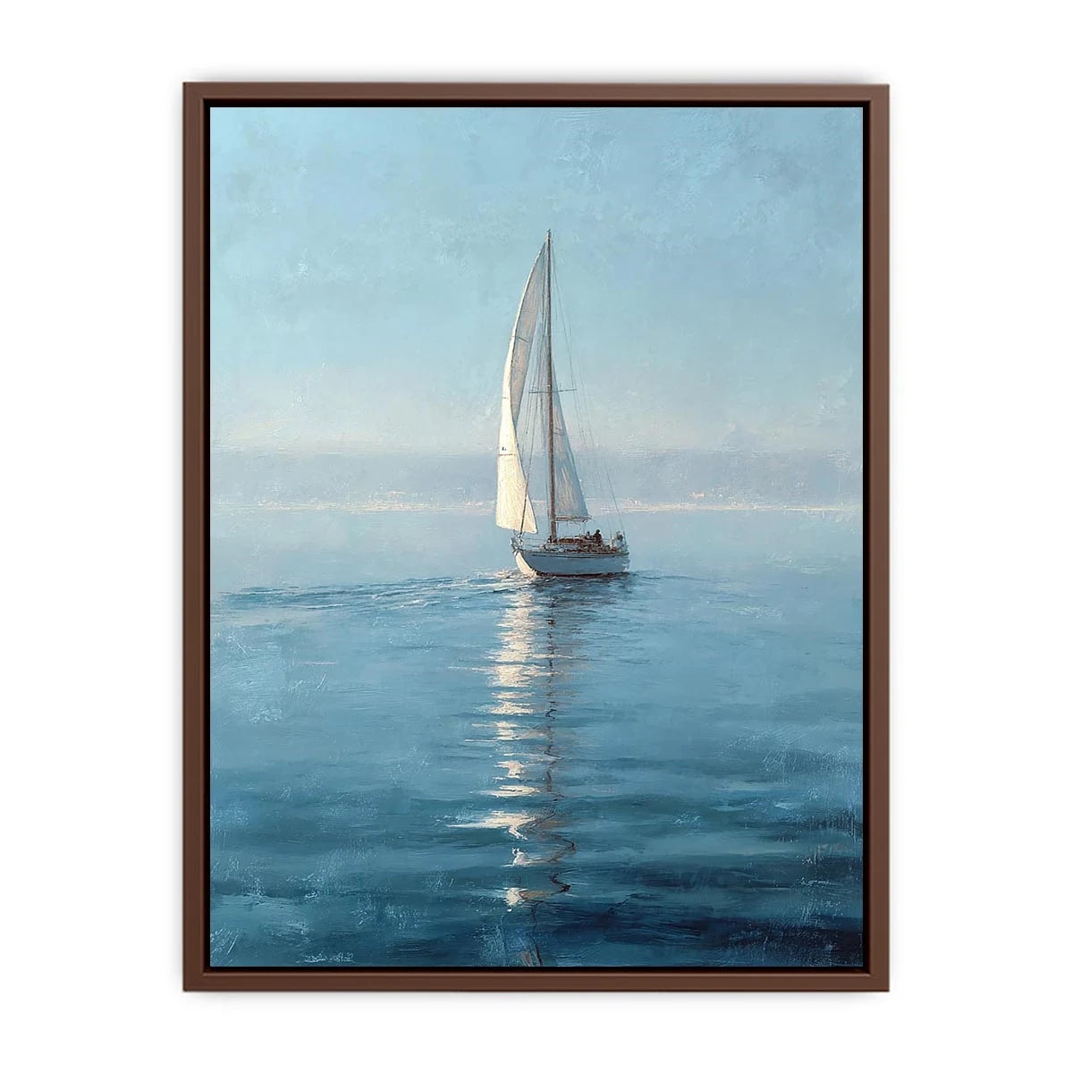 Misty blue sailboat canvas art in a refined coastal style for bedroom or office decor.