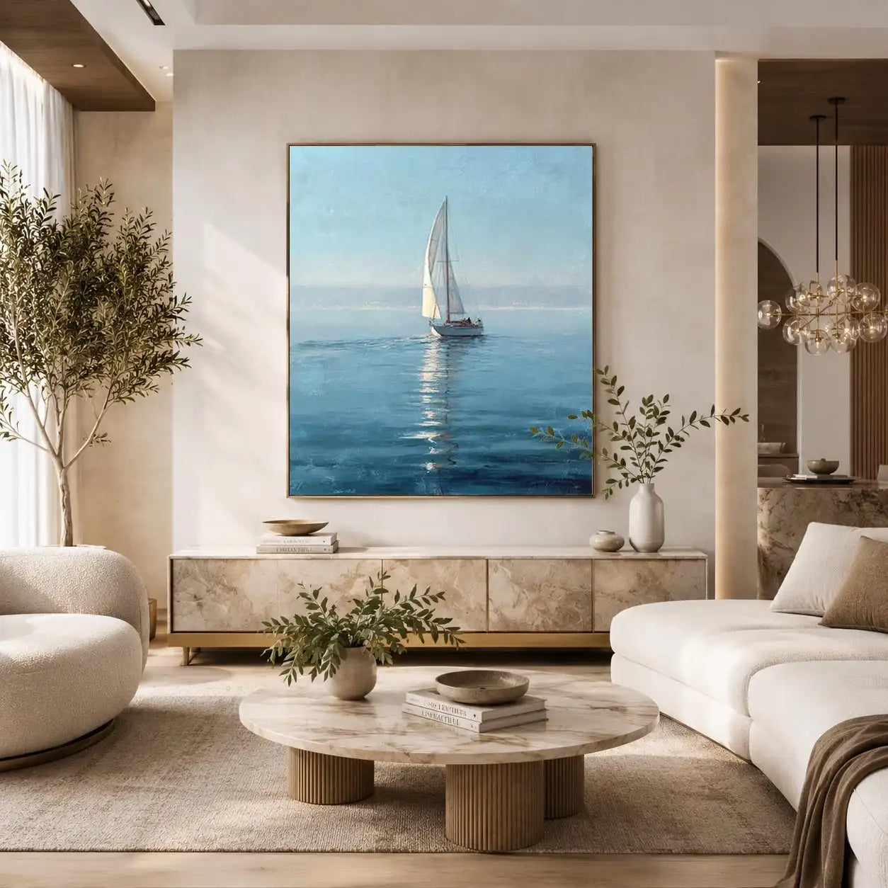 Misty blue sailboat canvas art in a refined coastal style for bedroom or office decor.