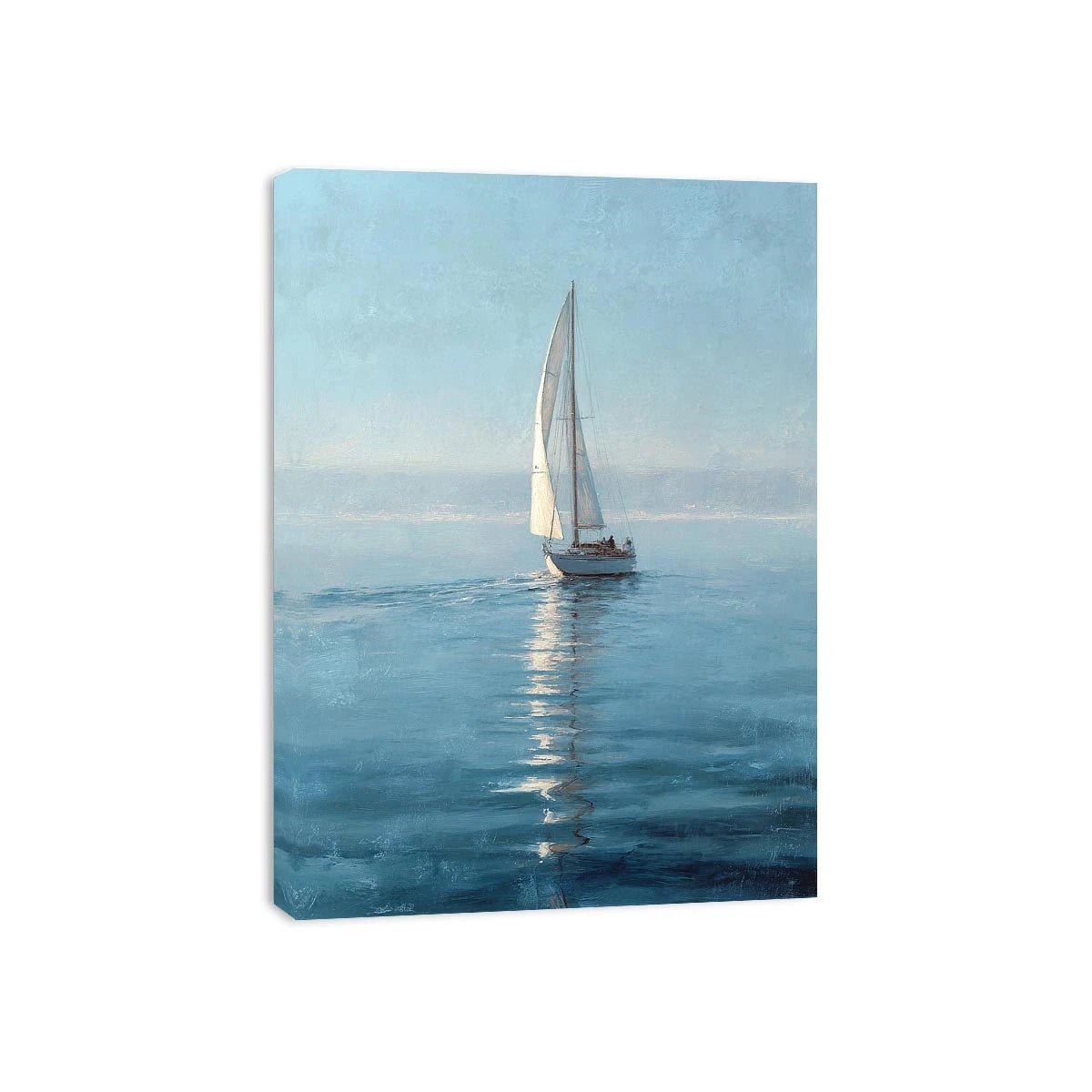 Misty blue sailboat canvas art in a refined coastal style for bedroom or office decor.