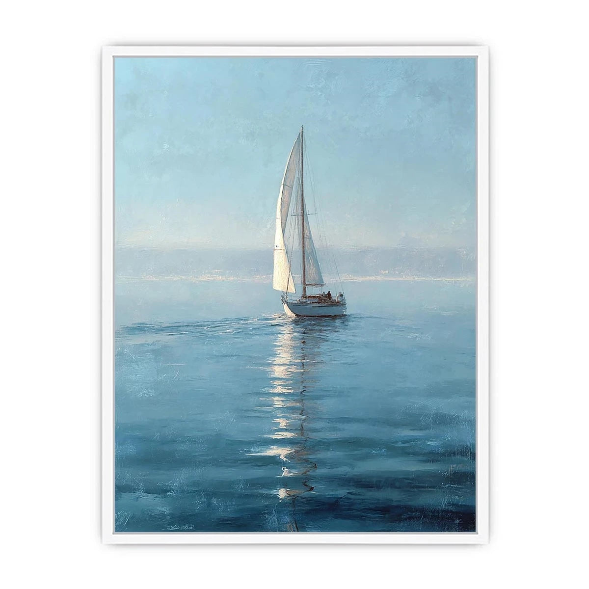 Misty blue sailboat canvas art in a refined coastal style for bedroom or office decor.