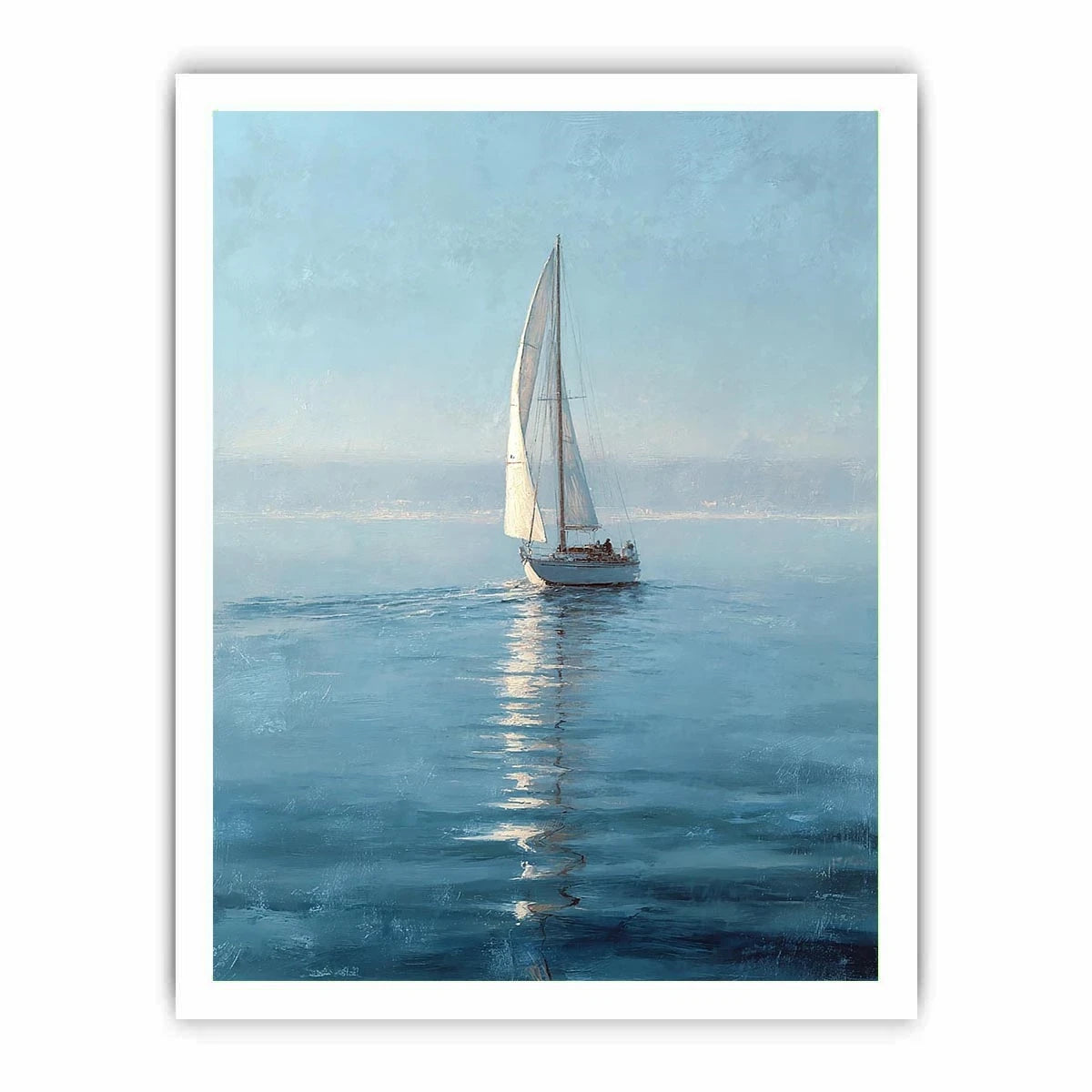 Misty blue sailboat canvas art in a refined coastal style for bedroom or office decor.