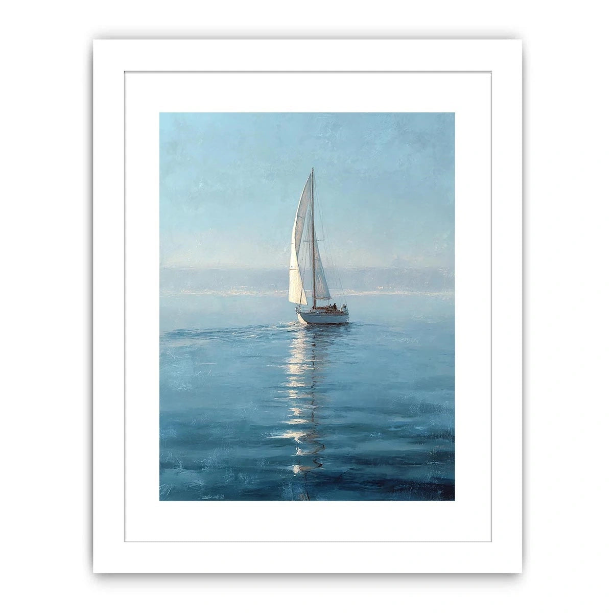 Misty blue sailboat canvas art in a refined coastal style for bedroom or office decor.