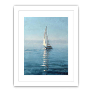 Misty blue sailboat canvas art in a refined coastal style for bedroom or office decor.