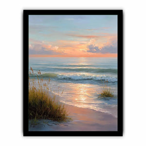 Soft sunset beach canvas art with waves and grass for elegant coastal bedroom decor.