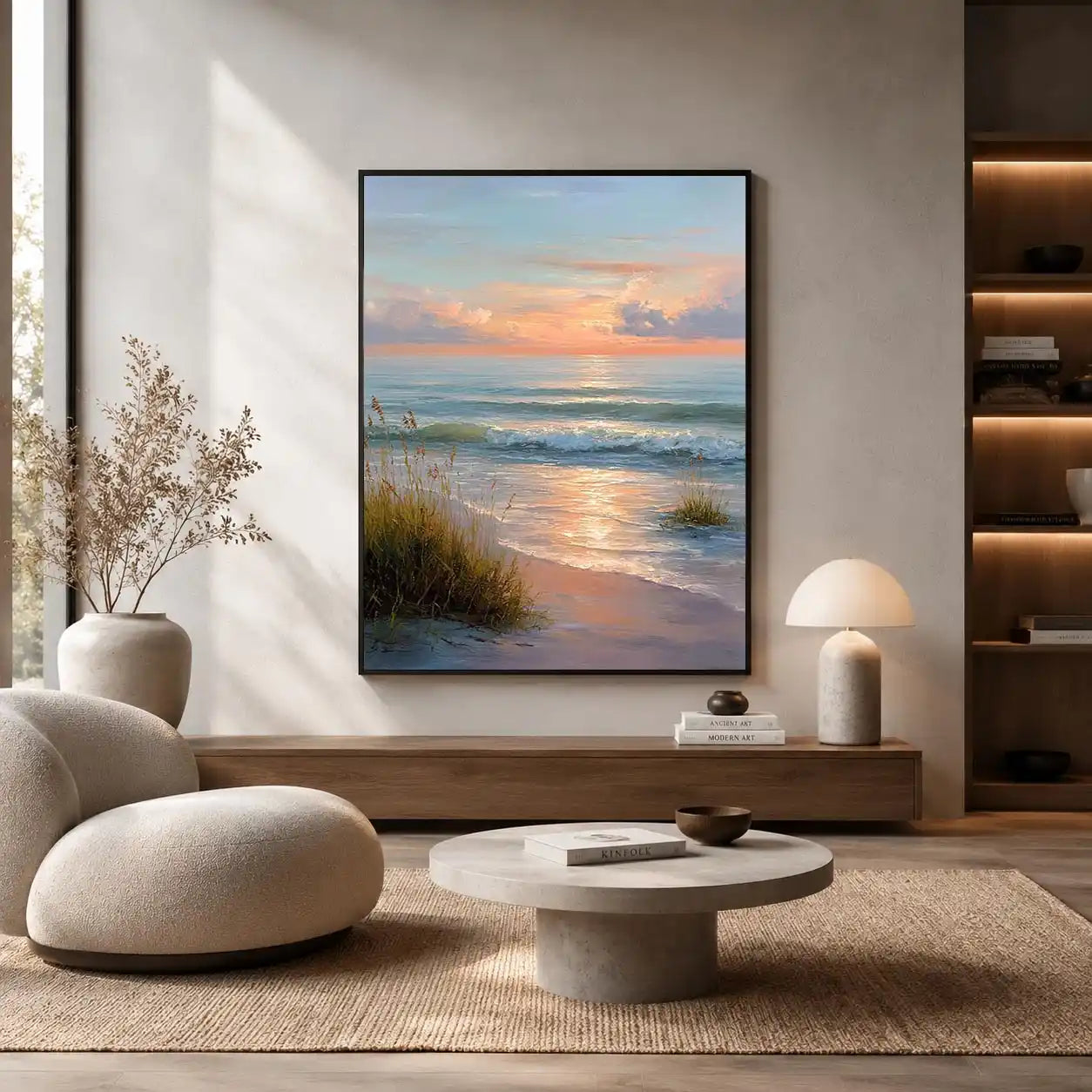 Soft sunset beach canvas art with waves and grass for elegant coastal bedroom decor.