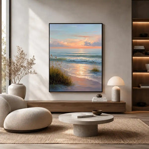Soft sunset beach canvas art with waves and grass for elegant coastal bedroom decor.