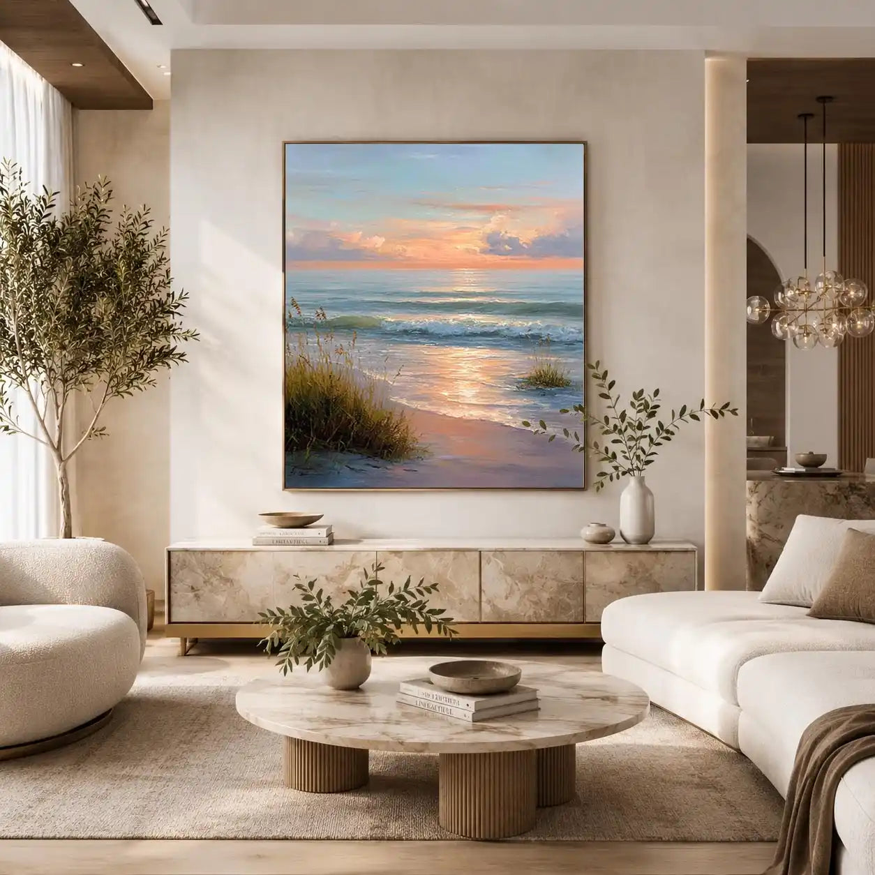 Soft sunset beach canvas art with waves and grass for elegant coastal bedroom decor.
