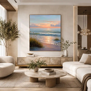 Soft sunset beach canvas art with waves and grass for elegant coastal bedroom decor.