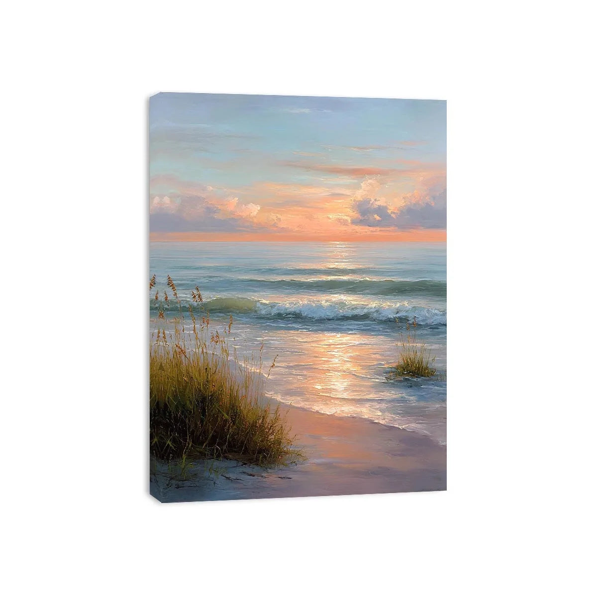 Soft sunset beach canvas art with waves and grass for elegant coastal bedroom decor.