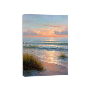 Soft sunset beach canvas art with waves and grass for elegant coastal bedroom decor.