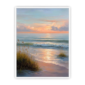 Soft sunset beach canvas art with waves and grass for elegant coastal bedroom decor.