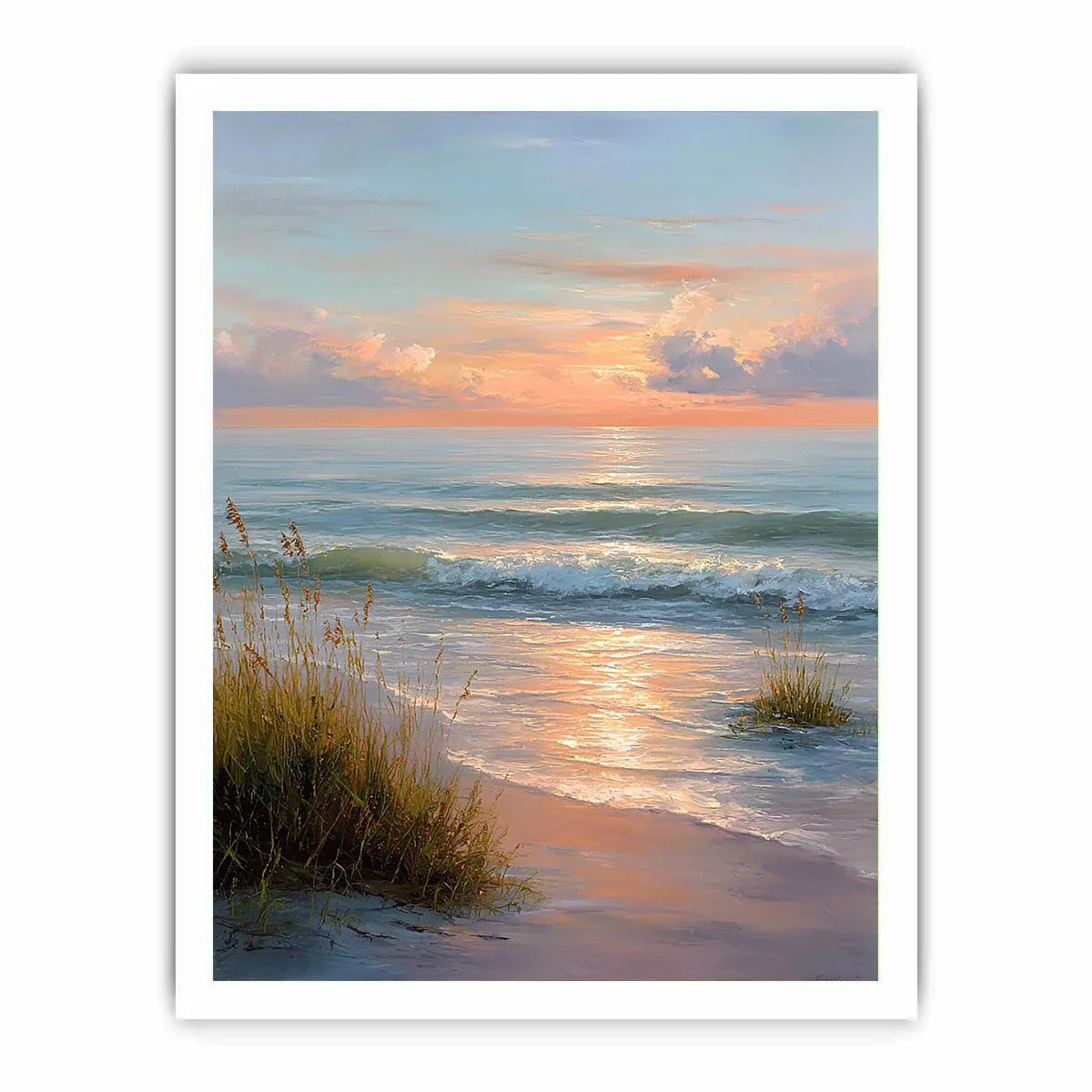 Soft sunset beach canvas art with waves and grass for elegant coastal bedroom decor.