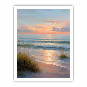 Soft sunset beach canvas art with waves and grass for elegant coastal bedroom decor.