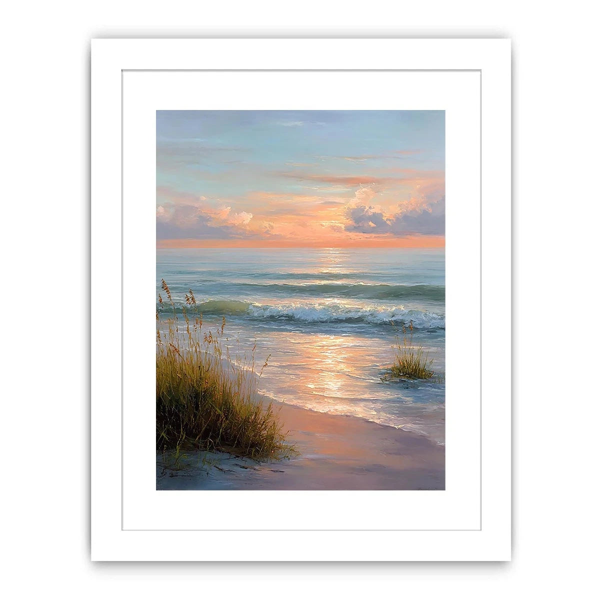Soft sunset beach canvas art with waves and grass for elegant coastal bedroom decor.