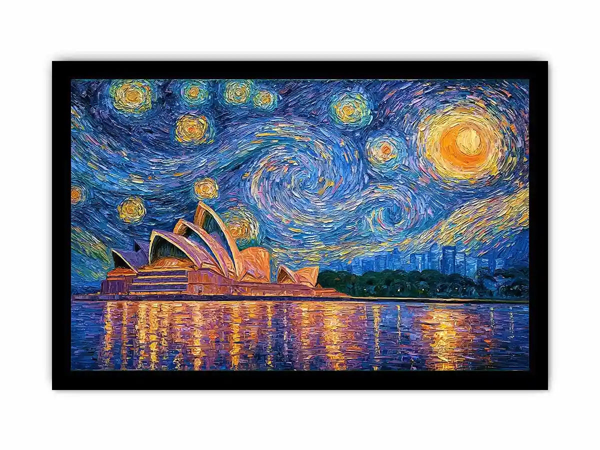 Sydney Opera House canvas art with starry blue sky for modern living room decor.