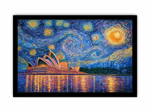 Sydney Opera House canvas art with starry blue sky for modern living room decor.