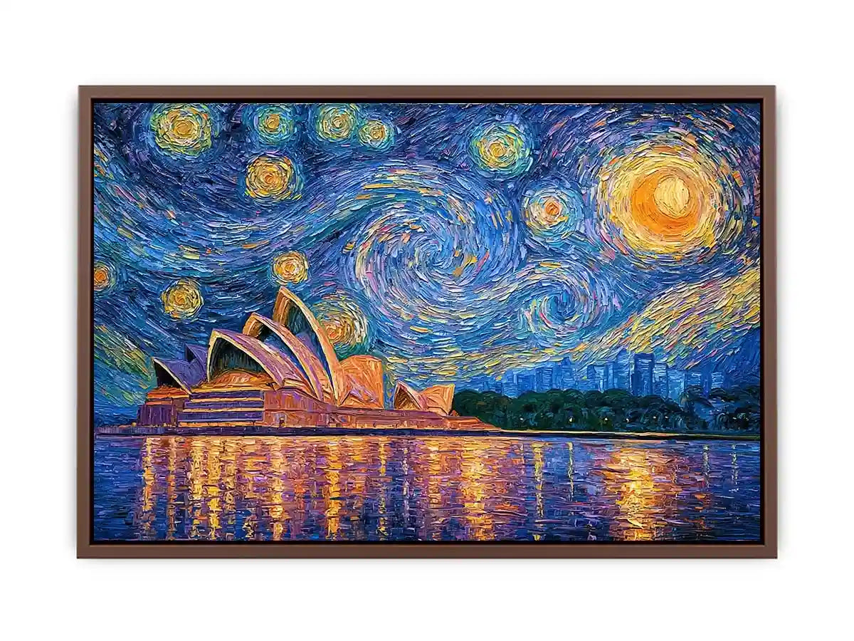 Sydney Opera House canvas art with starry blue sky for modern living room decor.