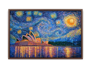 Sydney Opera House canvas art with starry blue sky for modern living room decor.