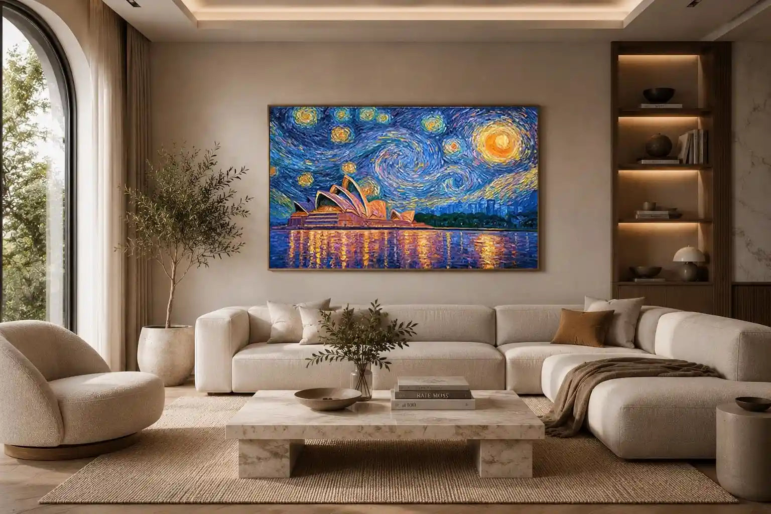 Sydney Opera House canvas art with starry blue sky for modern living room decor.