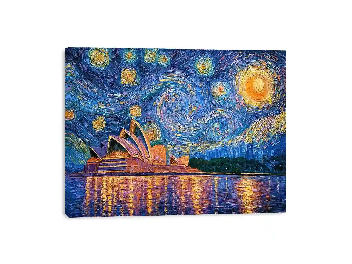Sydney Opera House canvas art with starry blue sky for modern living room decor.