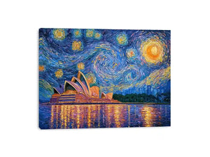 Sydney Opera House canvas art with starry blue sky for modern living room decor.