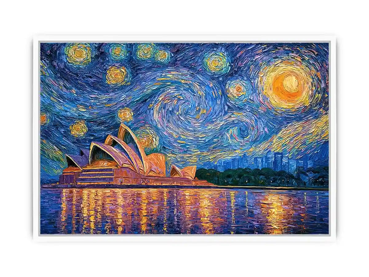 Sydney Opera House canvas art with starry blue sky for modern living room decor.